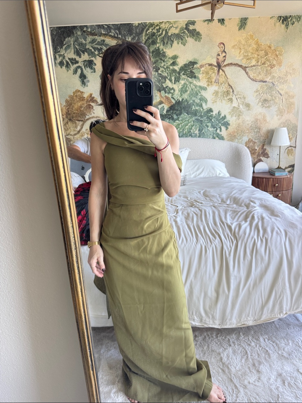 One-Shoulder Olive Evening Dress